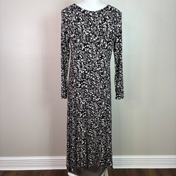 Old Navy Midi Dress Medium Black Cream Floral Long Sleeves Stretch - Picture 5 of 8